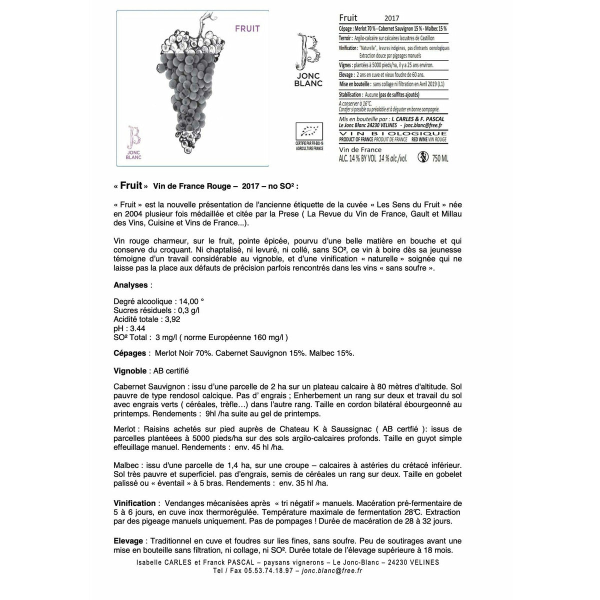 Fruit 2019 - Rouge - Domaine Jonc - Blanc - Le vin dans les voiles