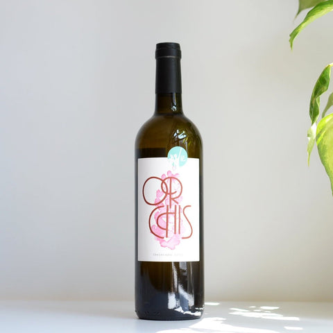 Bouteille de vin blanc du vigneron Christophe Pueyo à Saint-Émilion, Bordeaux : Orchis. Un vin nature à se procurer en importation privée au Québec. Parfait pour vos accords mets-vins grâce à la sélection de Le vin dans les voiles.