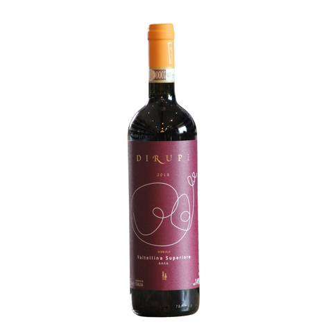 Bouteille de vin rouge biologique, nebbiolo de la Lombardie par le Domaine Dirupi : Valtellina Superiore. Un vin nature à se procurer en importation privée au Québec. Parfait pour vos accords mets-vins grâce à la sélection de Le vin dans les voiles.