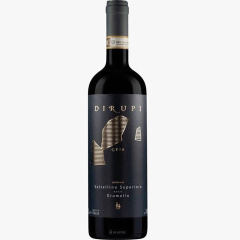 Bouteille de vin rouge biologique, nebbiolo de la Lombardie par le Domaine Dirupi : Vigna Gess Valtellina Superiore Grumello. Un vin nature à se procurer en importation privée au Québec. Parfait pour vos accords mets-vins grâce à la sélection de Le vin dans les voiles.